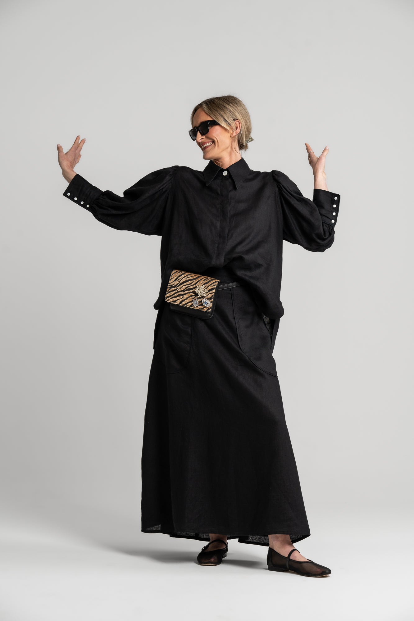 BLACK LINEN - HARPER SKIRT (FULLY LINED)
