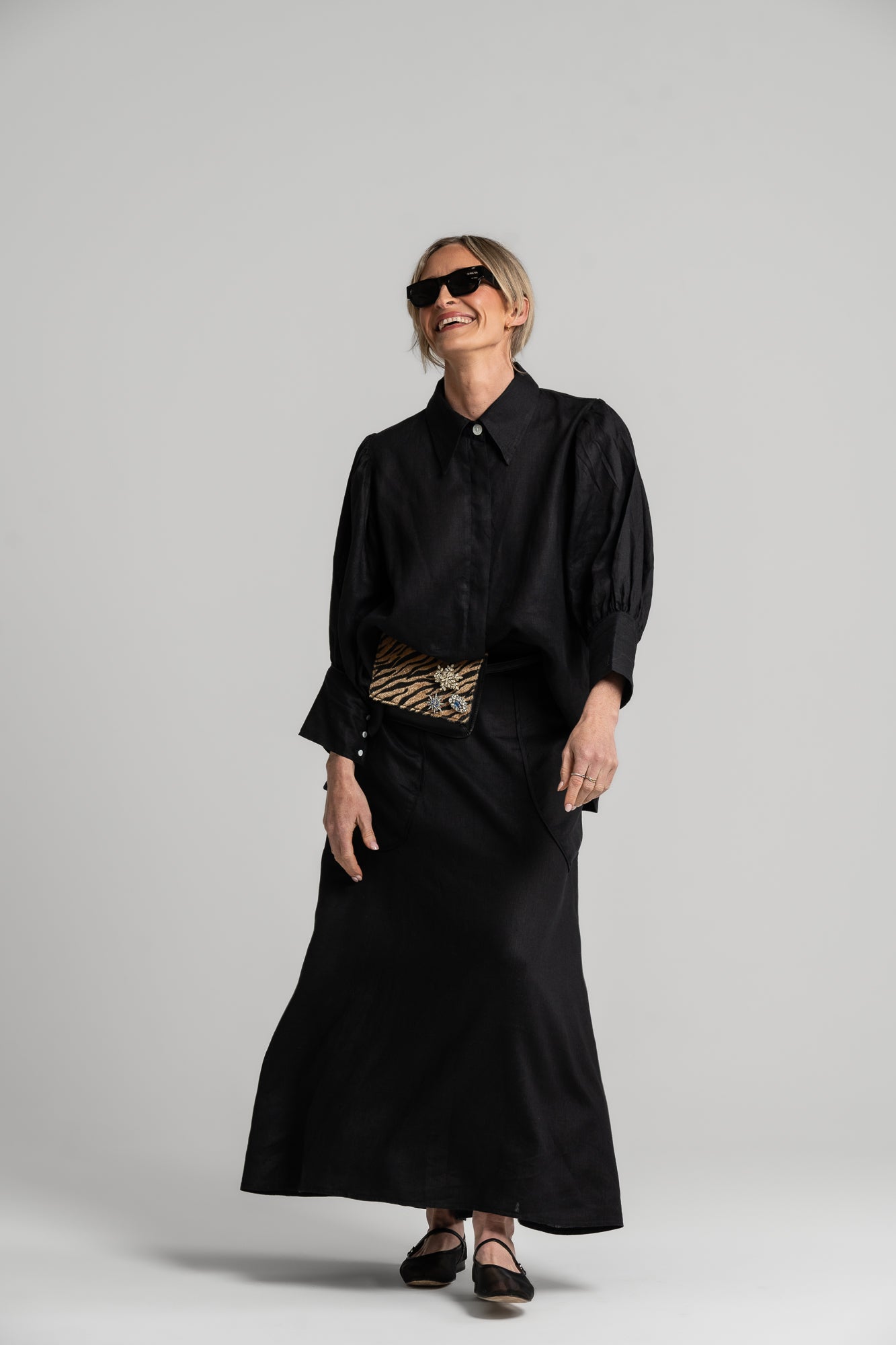 BLACK LINEN - HARPER SKIRT (FULLY LINED)