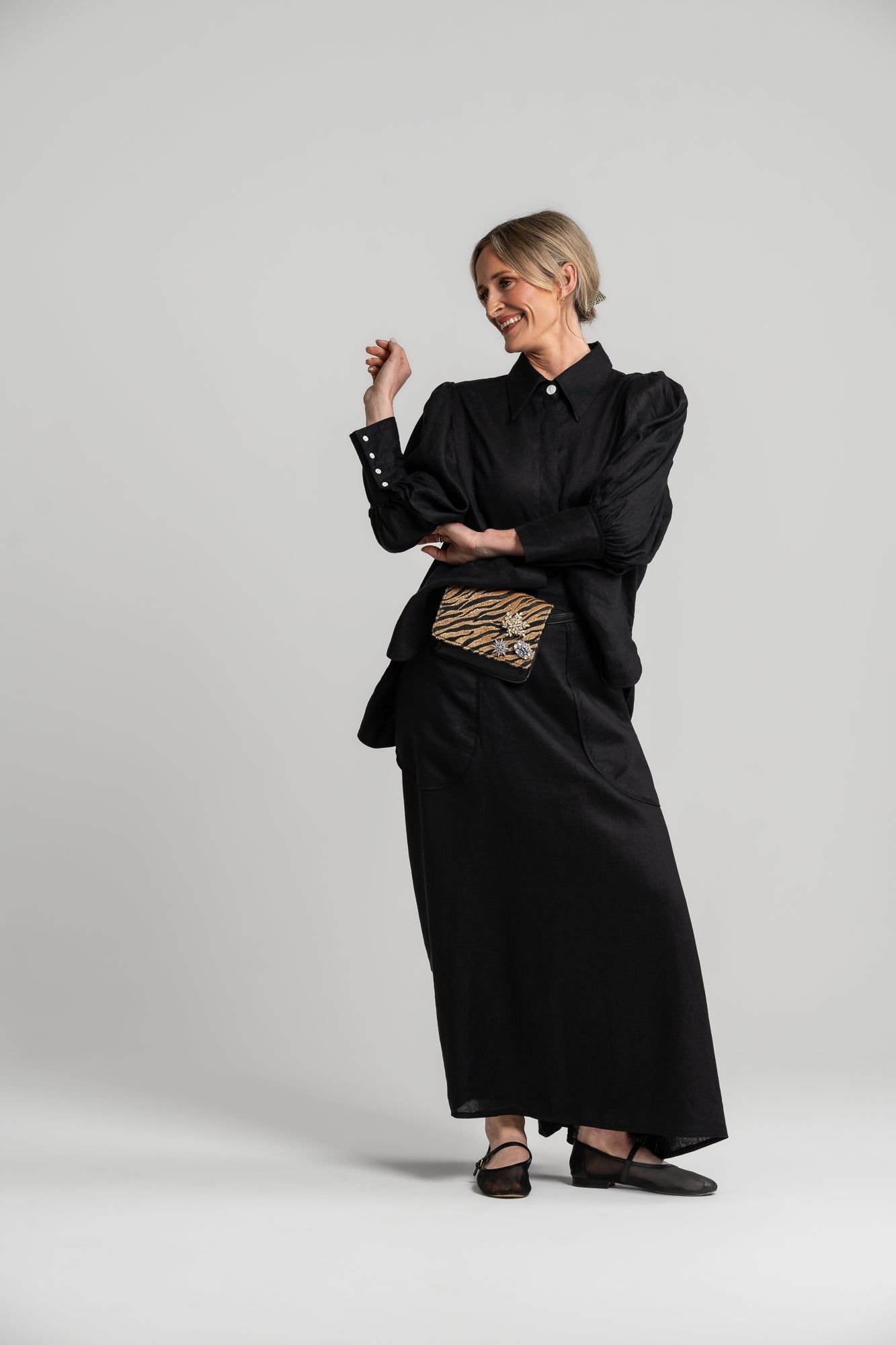 BLACK LINEN - HARPER SKIRT (FULLY LINED)