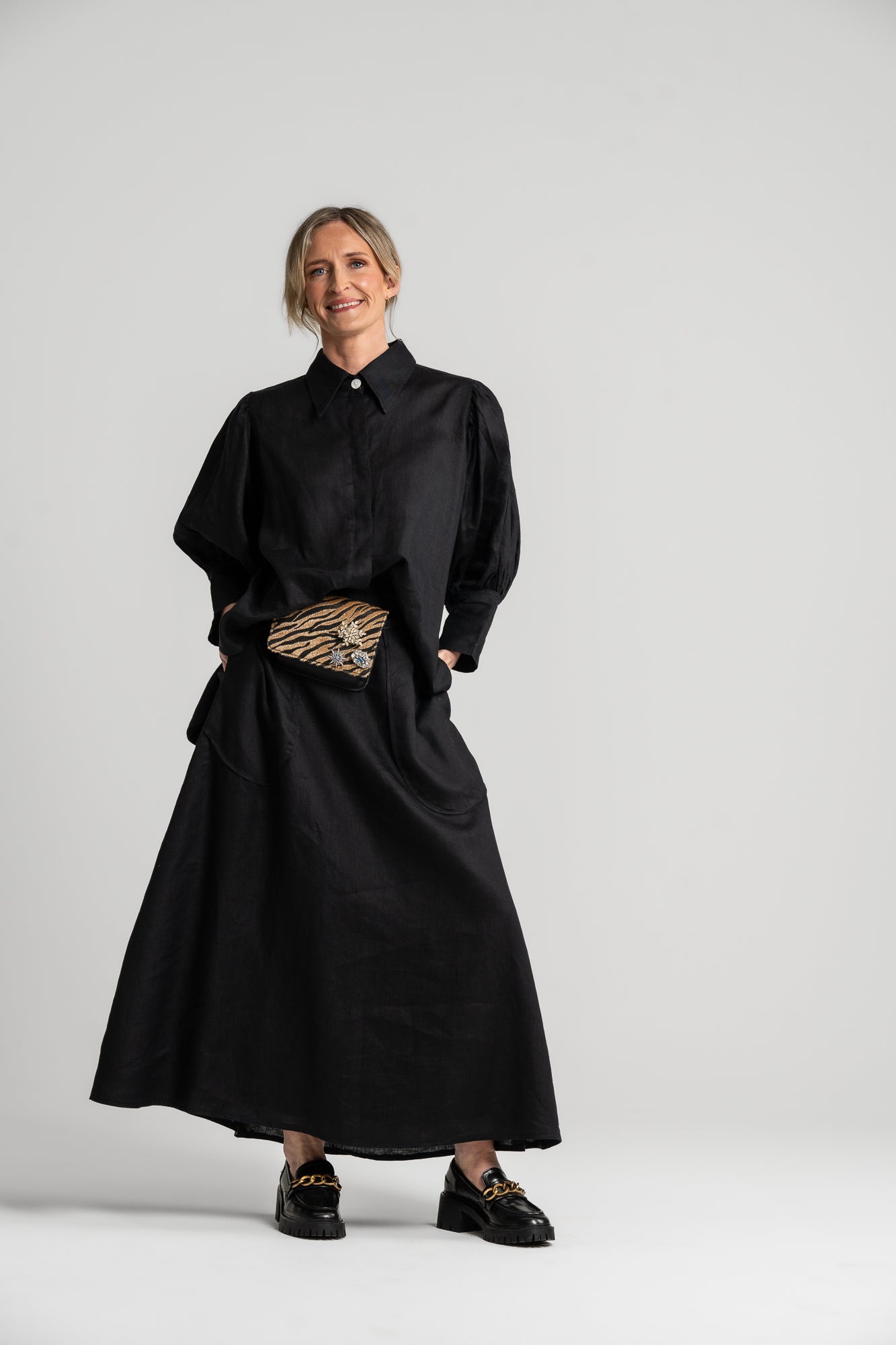 BLACK LINEN - HARPER SKIRT (FULLY LINED)