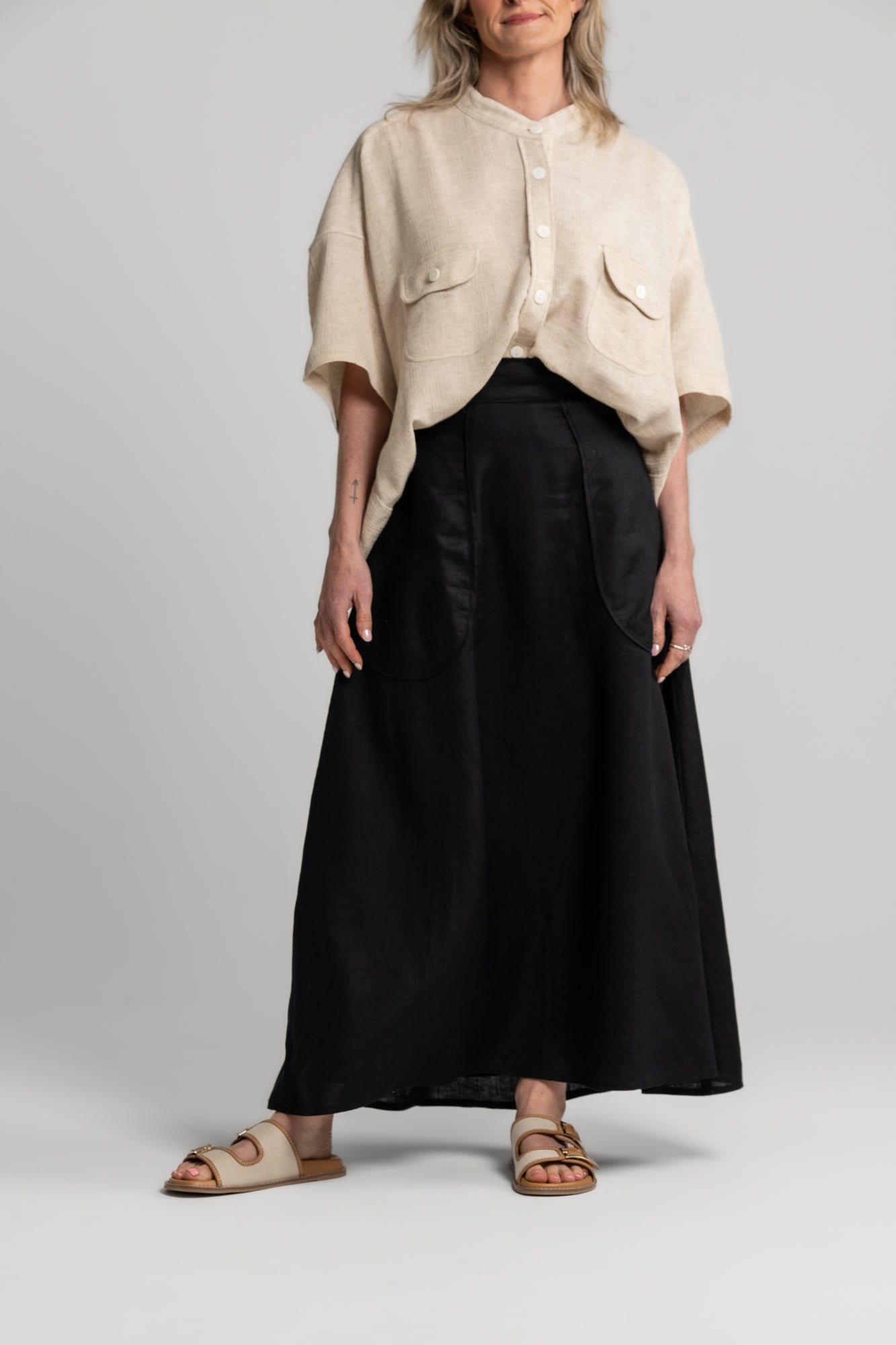 BLACK LINEN - HARPER SKIRT (FULLY LINED)